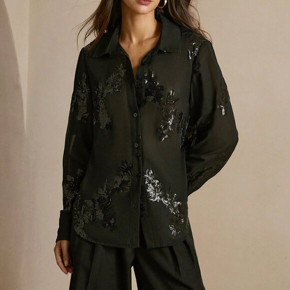 Black Elegant Women's French Rose Beaded Embroidery Semi-Sheer Blouse - Picture 6 of 7